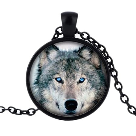 Glashalskæde med motiv [K05] - Ulv [Sort]