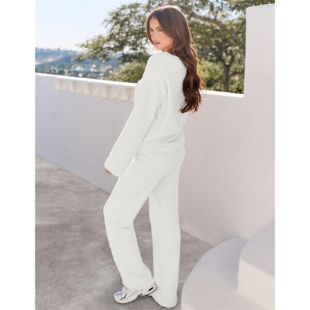 Naisten 2-osainen asu Fuzzy Fleece Pyjama-setti Pitkähihainen Loungewear Valkoinen