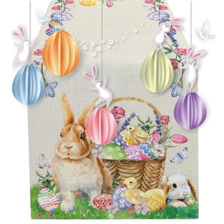 Påskägg bordslöpare - Festlig heminredning | Anti-smuts bordsduk | Kanin blommor löv påsk bordslöpare (183 X 33cm)