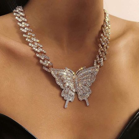 Tyk Krystal Choker Halskæde Butterfly Vedhæng Halskæder Cuban Link Kæde Glitrende Rhinesten Smykke