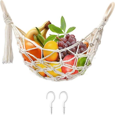 SBSG Hængende Frugt Hængekøje med Kroge, Hængende Frugtkurv Under Køkkenskabet til Opbevaring af Bananfrugter, Håndvævet Blonde Hængekurv til Ki