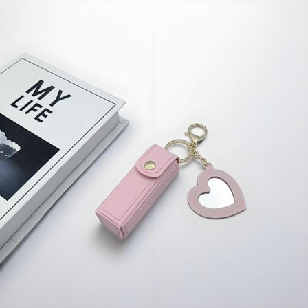 PU læder bærbar lip balm opbevaringsetui nøglering, læbestift opbevaringsetui med mini spejl