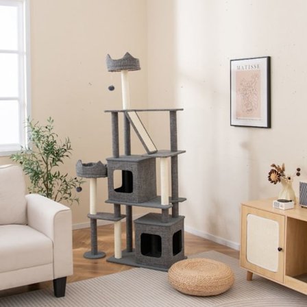 COSTWAY Monitaso Kissa Puu 180 cm, Raapijat, Jutelevy ja Tikapuut, 2 Irrotettavaa Mökkiä, Lepopaikka, Riippuvat Pallot