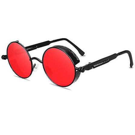 Voksne Steampunk Cyberpunk Runde Solbriller Vintage Retro Cirkel Briller Sort Stel Røde Linser