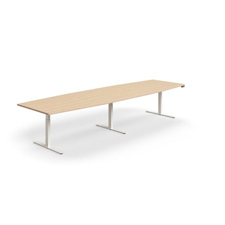 Standing meeting table QBUS, boat shaped, 4000x1200 mm, white frame, oak