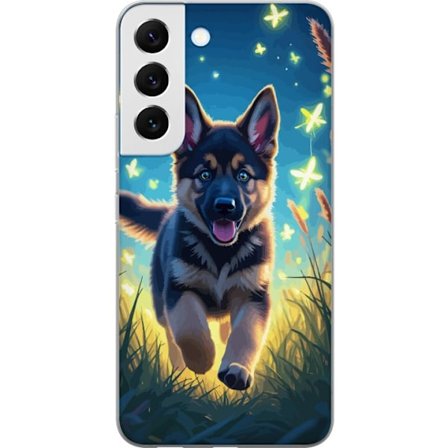Kompatibelt Mobilskal till Samsung Samsung Galaxy S22 5G Tysk schäfer valp affisch valp hund hoppar äng fjärilar söt hund illustration blå nattko
