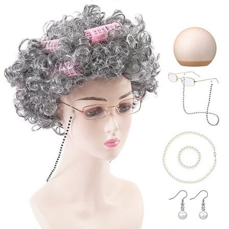 Gammal dam peruk, mormor kostym peruk med hårrullar för Halloween