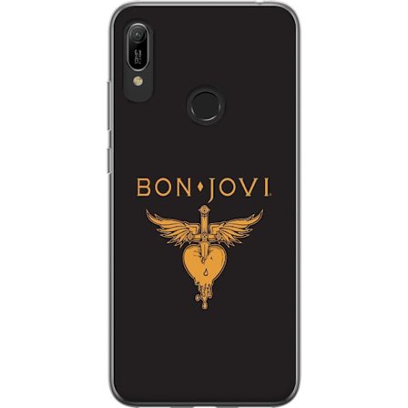 Kompatibelt Mobilskal till Huawei Huawei Y6 (2019) Ikonisk musikillustration med bevingat hjärta och dolk i guldtoner på mörk bakgrund, kraftfull o