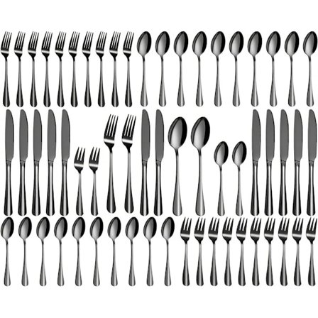 Bestikksett for 12 personer, 60-delt svart bestikk, høyglanspolert og oppvaskmaskinsikkert, elegant bestikk, matt svart, med kniv, gaffel, skje, for