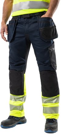 Fristads Herr Varsel Green hantverkarbyxa stretch 2906 GWM, klass 1, Varsel Gul/Mörk marinblå