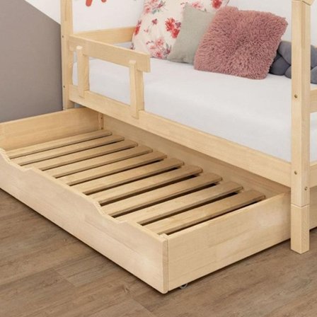Pyörillä varustettu laatikko säilytykseen tai sänky - luonnonvärinen puu sängylle 90 x 190 cm