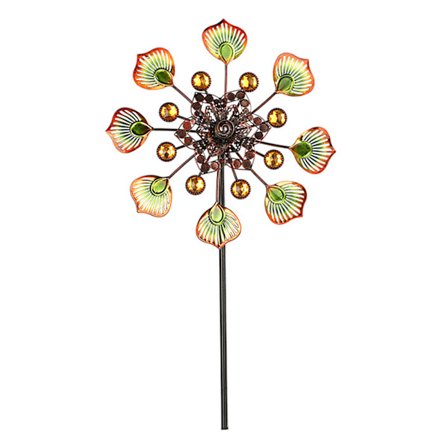 Fargerik Vindmølle med Påfuglhale i Smijern Metall, Hul Vindspinner