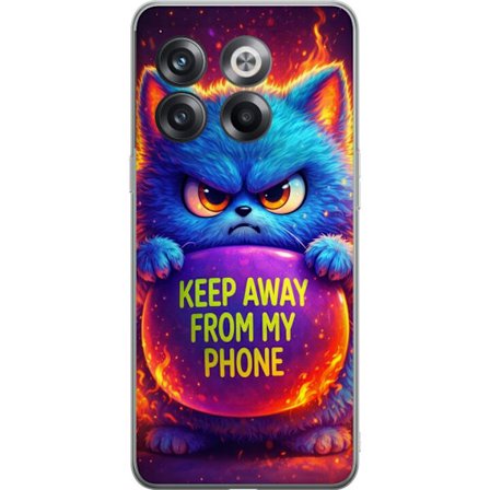 Kompatibelt Mobildeksel til OnePlus OnePlus 10T Sinna lodne blå katt med teksten "Hold deg unna telefonen min" i neonfarger og ildlignende effekter,