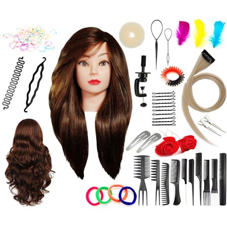 Set träningshuvud Alinka 80 Brown, blandat hår 60% + 80 tillbehör + handtag, frisörborste, träningshuvud