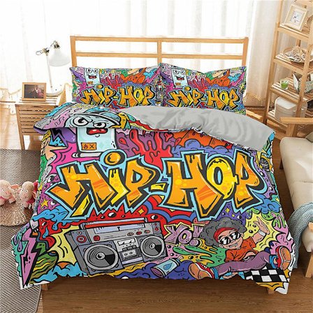 Muotivuodevaatesetti Sarjakuva Graffitipainatus Polyesteri Pussilakana Tyynyliina Yhden Hengen King Double Full Queen Size Polyesteri Peittopäällinen