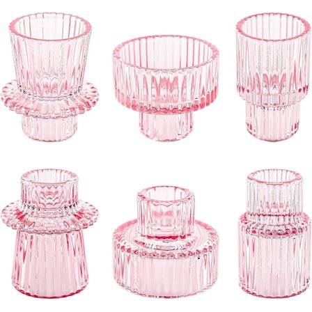 Lysestake for Bryllup Jul Te Party, Boho Ribbet Vintage Krystallglass Bord Senterpynt Dekor, Bulksett med 6 (Rosa)