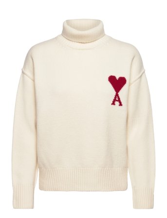 AMI Funnel Neck Sweater With Contrasted Ami De Coeur - Cream - M