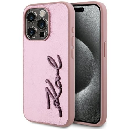 Karl Lagerfeld Wrinkled Metal Signature iPhone 15 Pro-etui - Pink