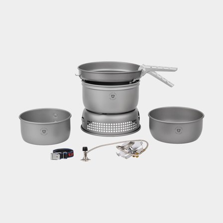 Gasblus / stormkøkken Trangia 25 Large, 2100 W + 2 gryder, 1 stegepande & vindskærm i HA / hårdanodiseret aluminium + gribetang + rem, + Power Gas (