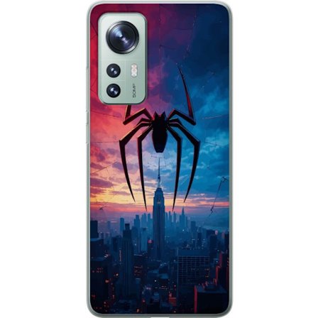 Yhteensopiva Puhelinkuori Xiaomi Xiaomi 12 Tyylikäs hämähäkki kaupungin horisontin yläpuolella dramaattisessa auringonlaskussa, graafinen fantasi