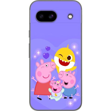 Kompatibel Mobilcover til Google Pixel 8a Peppa Gris mønster med hjerter, sommerfugle og venner, lyserød baggrund i bløde børneillustrationer