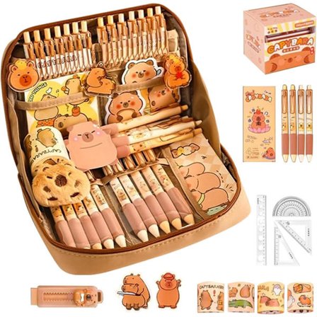 Capybara Penalhus med 12 rum, kuglepenne, viskelædere, linealer og sticky notes, stor kapacitet til piger og drenge