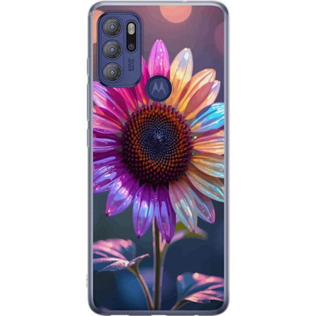 Kompatibelt Mobildeksel til Motorola Moto G60S Irideserende blomst med glitrende kronblad i rosa lilla og gull mot myk bokeh bakgrunn
