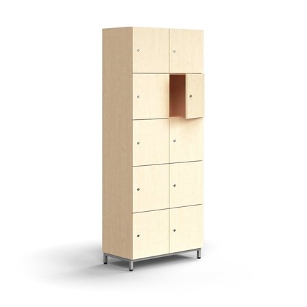 Lockable personal storage QBUS, 10 comps, leg frame, 2020x800x420 mm, silver, birch