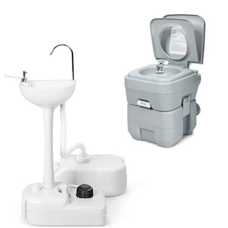COSTWAY Toilets Portable Camping Aftagelig Tank 20L+10L-Håndvask på Ruller-Tank 17 L-Fodpumpe-Hane-Grå
