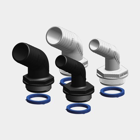 Hadice na trubky TruDesign Aquavalve Tails, kompozit, úhlová 120°, 1 1/2" G (BSP) (vnější) na 1" (25 mm) hadici, bílá