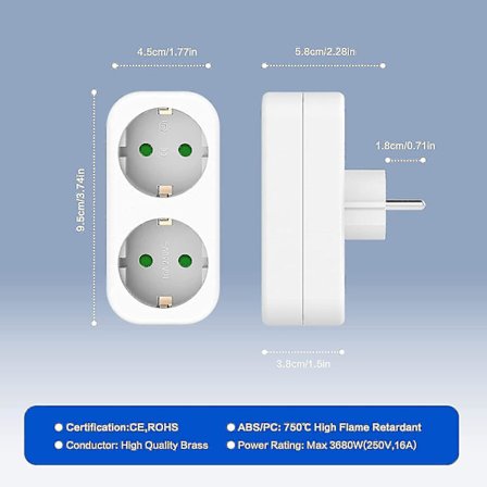 3-delt dobbeltstik til stikkontakt, multistikadapter til kontor, hjem