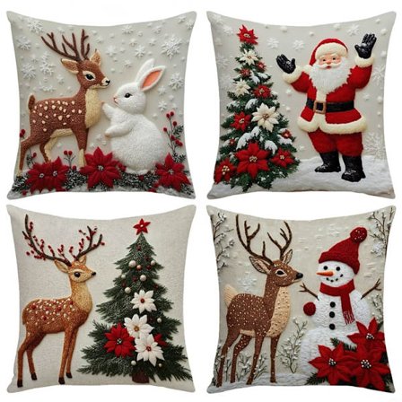 4-pak Jule Pudebetræk 45x45cm, Julemotiv med Nisse & Rensdyr, Juledekoration Pudebetræk til Sofa, Seng & Hjem