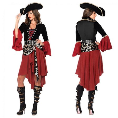 Dame 3 stk. Cruel Seas Piratkaptein Kjole Kostyme Med Festet Skjerf, Belte, Hatt, Svart/burgunder-xinhan