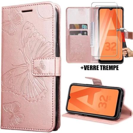 Etui + 2 hærdede briller til Samsung Galaxy A32 5G, beskyttelse PU-læder Pink sommerfuglemønster med støtte Rosa