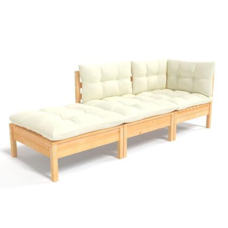 Vidaxl Loungegrupp Med Gräddvita Dynor 3 Delar Massiv Furu Creme