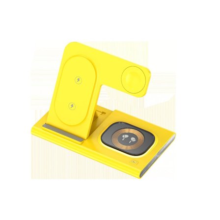 3-i-1 Trådløs Ladestasjon Qi Hurtiglader Dock for Telefon Klokke Ørepropper Kompakt Bærbar Gul