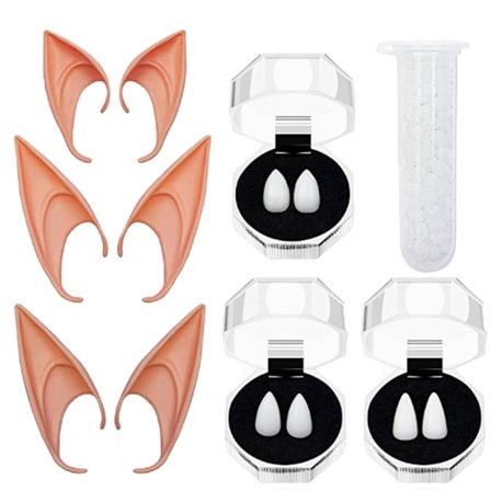 3 par alveører, lateksører, spisse ører, 3 par vampyrtenner