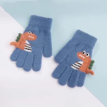 Vinterhandsker til børn i tyk strik med dinosaurmotiv - 4-8 år - Varme, plyssede fingerhandsker til børn 4-8yearsoldlanse One Size