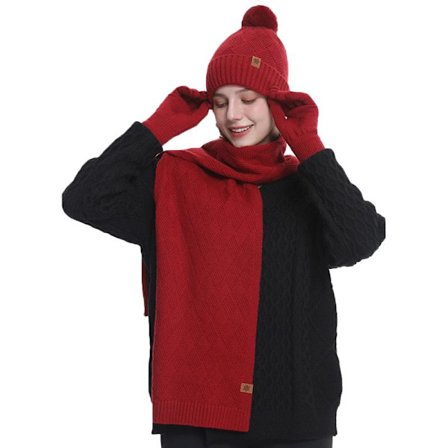 Winter Set for Women - Knitted Beanie, Scarf and Gloves, 3 Pieces for Warmth and Comfort Red
