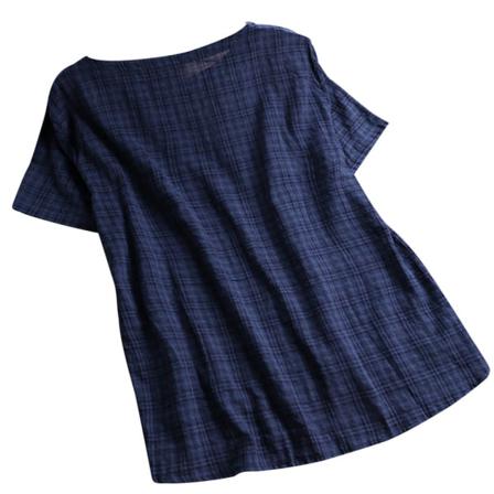 Rutig T-shirt Dam Sommarknappar Kortärmad Blus Lös Topp,