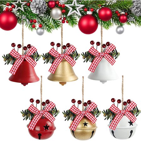 Sæt med 6 Julehængende Dekorationer - Julekugle og Metal Klokke Sæt med Bånd til Træ, Vindue/Dør, Tilbehør