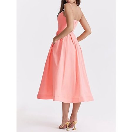 Damklänning - Casual Flowy Midi - Spaghettiband - Kvadratisk Halsringning - Rygglös Korsett - Långklänning - Cottagecore Sommarklänning - Strandkläder