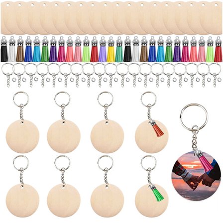 151 stykker 30 runde plader + 30 sølv pom poms + 30 nøgleringe + 60 åbne ringe + 5m hamp reb DIY træ kvast nøglering embryo par vedhæng Orname