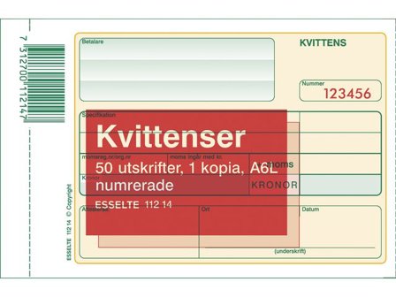 Esselte Blankett kvittens numrerad A6L 2x50 blad - Lyreco - Kontorsmaterial - Blanketter och bokföring - Blanketter