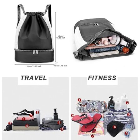 Kuntosalilaukku Kiristysnyörillinen Reppu, Vedenpitävä Reppu Kenkälokerolla & Märkälokerolla, Suuri Urheilukassi - Musta