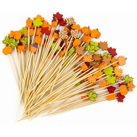 100 Pieces Fall Cocktail Picks 4.7 Inch, Leaves Pumpkin Acorn Decoration Fancy Fruit Skewers for Autumn Thanksgiving Party Food Fruit Drink Decoration