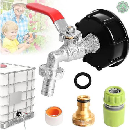 IBC-kran 1/2 tum IBC-trädgårdskran S60x6 behållare utloppskran adapter med slanganslutning, frostskyddad mässingskulventil för IBC-regnv