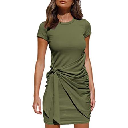 Tie Dye Kvinnor Mini Klänning Ruched O-neck Kort Ärm Casual Summ