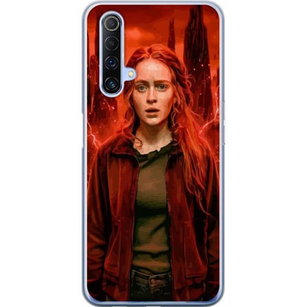 Kompatibelt Mobilskal till Realme X50 5G Porträtt av en ung kvinna med rött hår i en apokalyptisk landskap, röda blixtar och mörka klippformation