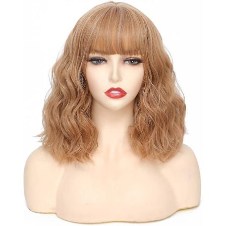 Naturlig blond peruk för kvinnor 15" Kort blond peruk Gul hårfärg peruk Blond lugg peruk Naturlig lockig Strawberry Blon